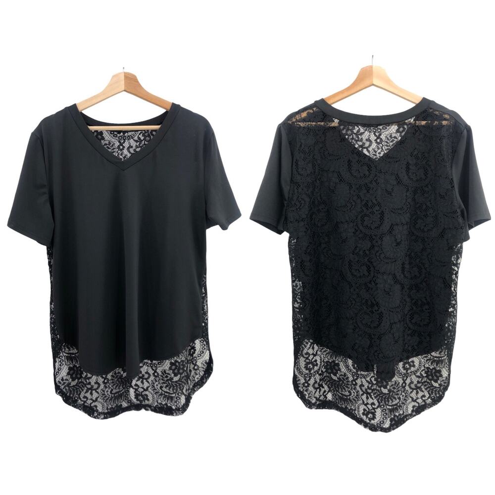 Shein XL Curve Black Open Lace Back Short Sleeve V Neck Fishtail Hem Top